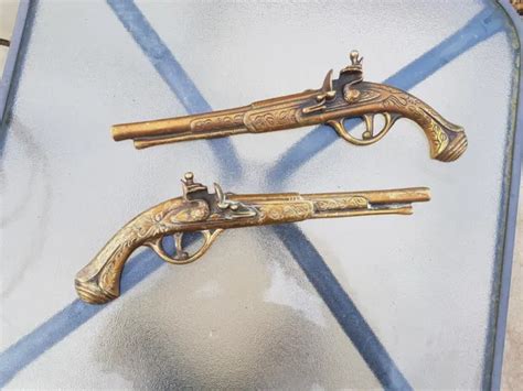 Vintage Pair Cast Brass Flintlock Pistols Duelling Guns Wall Hanging