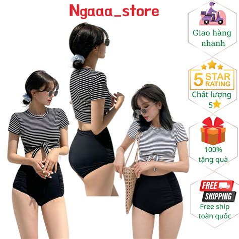 Đồ bơi nữ đi biển kín đáo BK1029 Bikini 2 mảnh phong cách hàn quốc áo cộc kẻ sọc thắt nơ quần