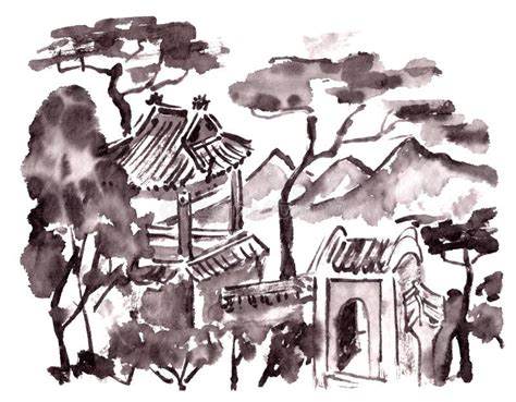 Monast Re Bouddhiste Dans Les Montagnes Dessin L Encre De Chine