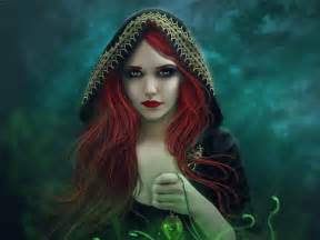 Download Green Eyes Lipstick Hood Red Hair Fantasy Woman Hd Wallpaper