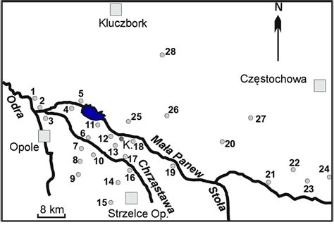 Mapa lokalizacyjna dorzecza Małej Panwi z miejscowościami opisanymi w