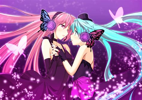 2girls Aqua Eyes Aqua Hair Butterfly Choker Dress Hat Hatsune Miku