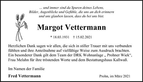 Traueranzeigen Von Margot Vettermann Trauer Anzeigen De