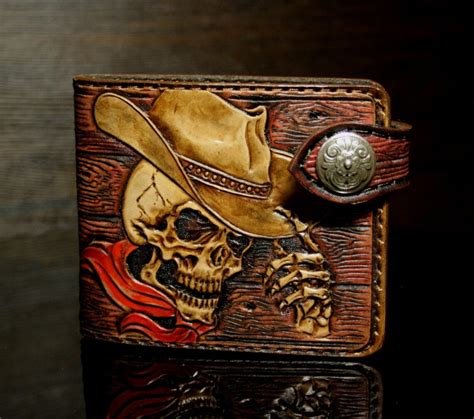 Hand Tooled Leather Wallet Wood Like Design With Skull Cowboy Etsy