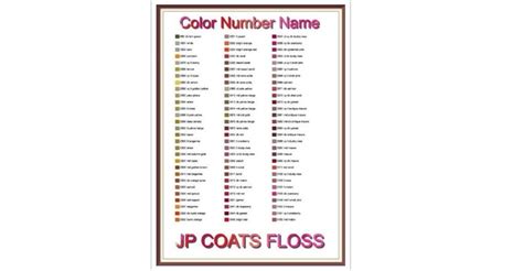 JP Coats Thread List by Color, Number, Name Cross Stitch Chart JP Coats ...