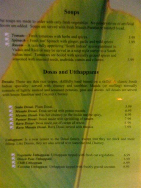 Menu at Banana Leaf restaurant, Columbus