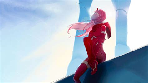 Darling In The Franxx Red Dress Zero Two Sitting Near Large Pillars With Backgorund Of Sunbeam