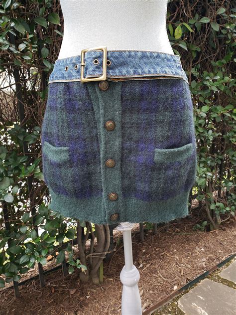 Upcycled Wool Skirt Repurposed Jeans Skirt OOAK Skirt Repurposed