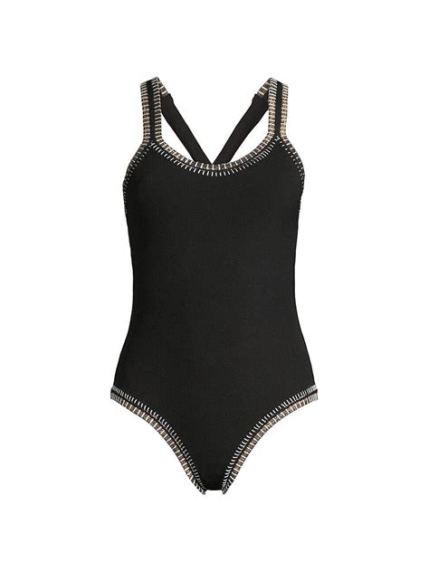 Pq Women S Crochet Trim Crossback One Piece Swimsuit Black Gold