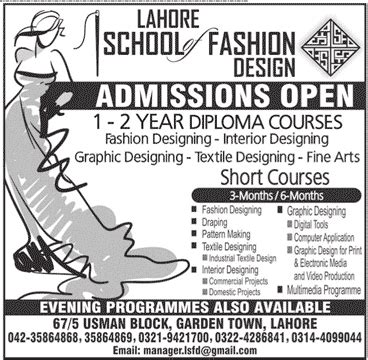 Lahore School of Fashion Design Short Courses Admission 2017