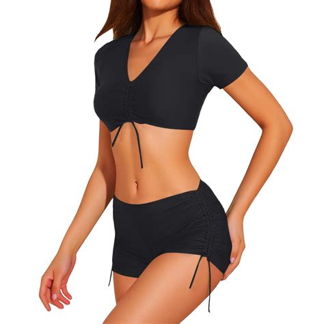 Anineo Women Swimwear Tie Front Bikini Set Short Sleeve Pcs Swimsuit High Waist Bathing Suits