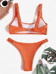 Zaful Textured Elastic Ruched Strap Tank Bikini Swimwear In Orange