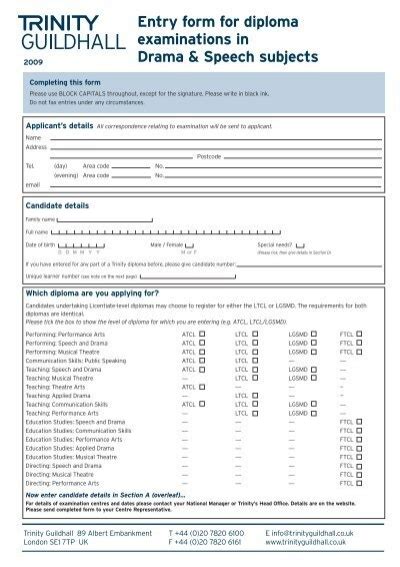 Drama Speech Diploma Entry Form Trinity College London