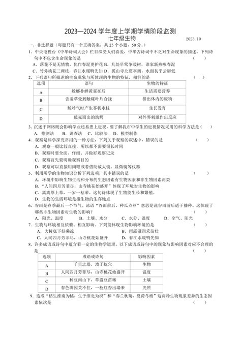 山东省临沂市临沭县第三初级中学2023 2024学年七年级上学期第一次月考生物试题（无答案） 21世纪教育网