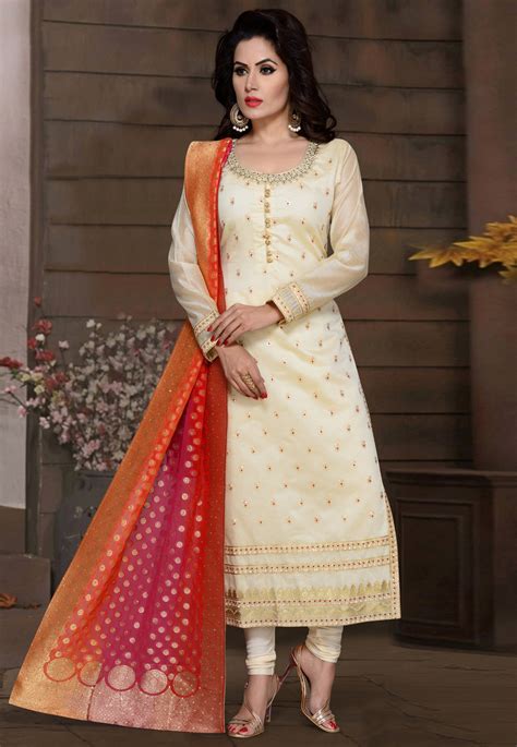 Beige Chanderi Readymade Churidar Suit 175048