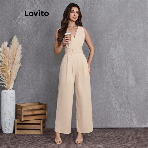 Lovito Macacão casual simples plissado para mulheres LBL20346 Shopee