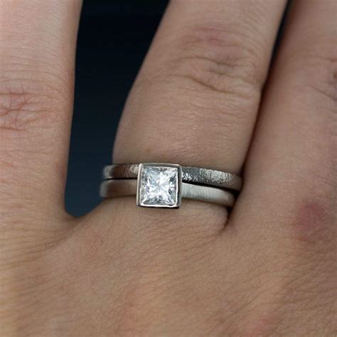 Princess Cut Bezel Set White Sapphire Bridal Ring Set Engagement Ring