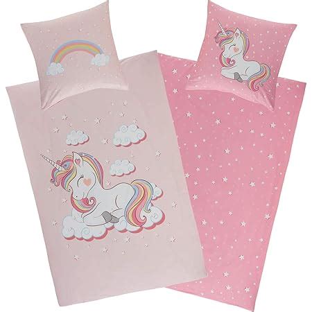 Aminata Kids Bettwäsche Kinder 135x200 Mädchen Einhorn Baumwolle rosa