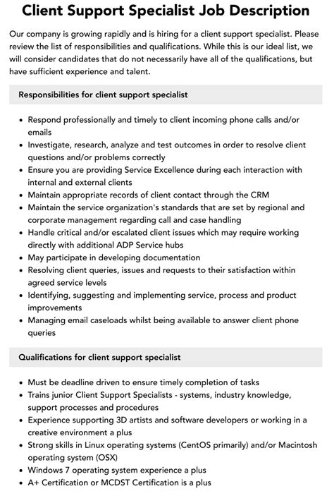 Client Support Specialist Job Description Velvet Jobs