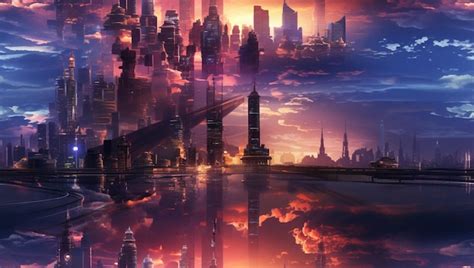 Premium AI Image Anime City Skyline With A Bridge And A River At