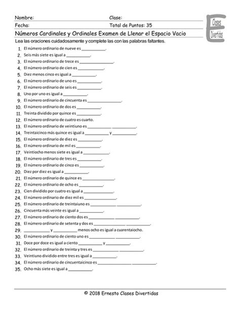 Cardinal And Ordinal Numbers Spanish Fill In The Blanks Exam With Ak