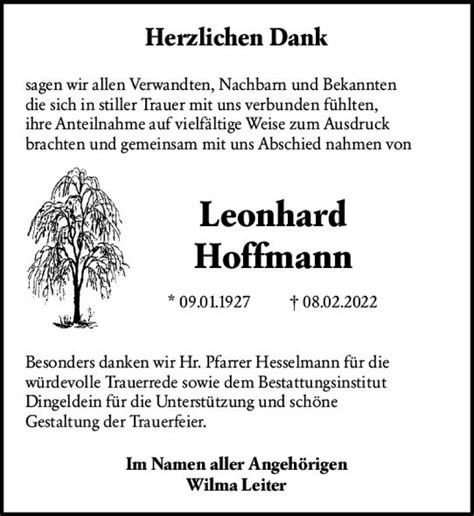 Traueranzeigen Von Leonhard Hoffmann Vrm Trauer De