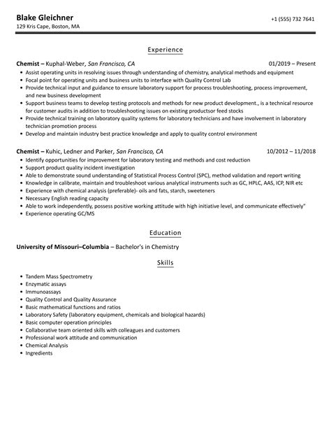 Chemist Resume Samples Velvet Jobs