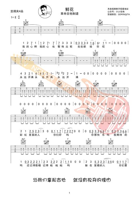 鲜花吉他谱回春丹乐队鲜花c调弹唱谱高清六线谱 搜谱啦