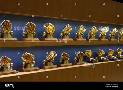 Los Angeles Dodgers Golden Glove Award Trophies At Dodger Stadium