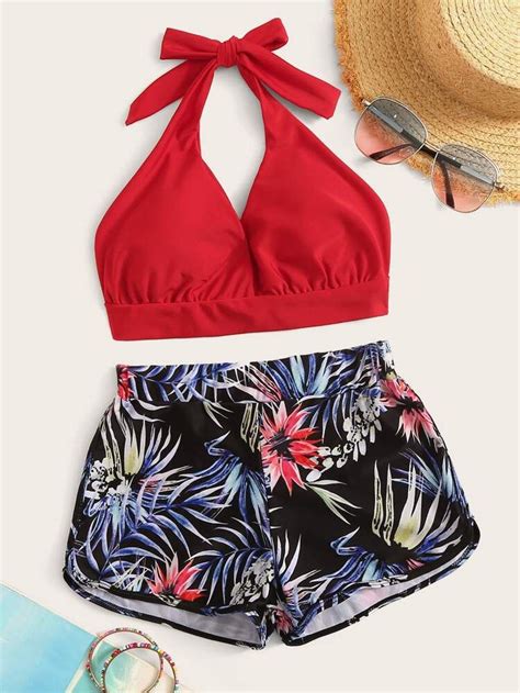 Halter Top With Random Tropical Shorts Bikini Set Shein Usa Bikini