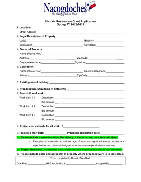 Historic Restoration Grant Application Spring FY 2012 2013