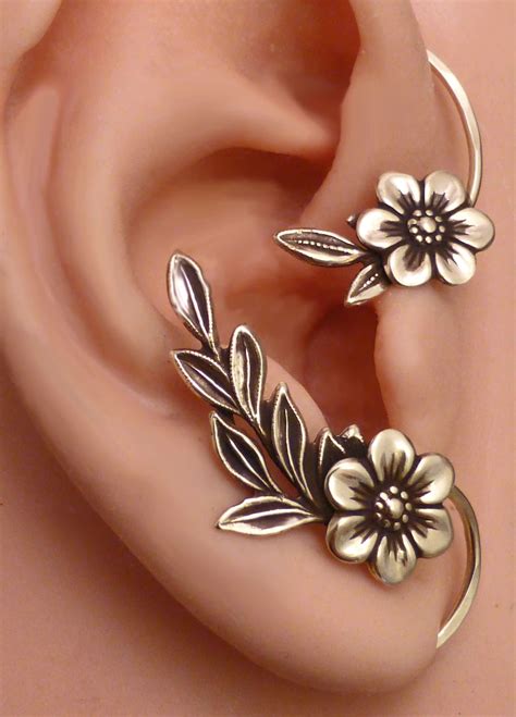 Golden Garden Ear Wrap Flower And Leaf Brass Ear Cuff Wrap Etsy