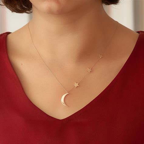 14k Solid Gold Crescent Moon And Star Sideways Necklace Crescent Moon Star Asymmetric Necklace