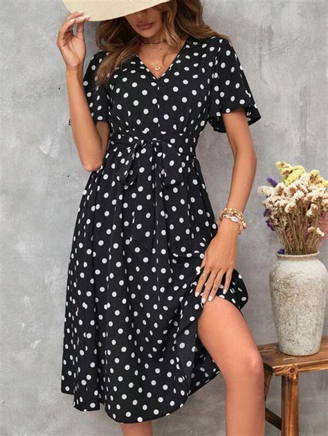 Shein Lune Polka Dot Print Butterfly Sleeve Belted Dress Shein Usa