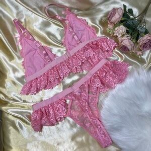 Romantic Pink Floral Lace Ruffle Lingerie Set Etsy
