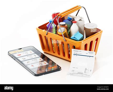 Smartphone And Receipt Standing Next To The Shopping Basket Online