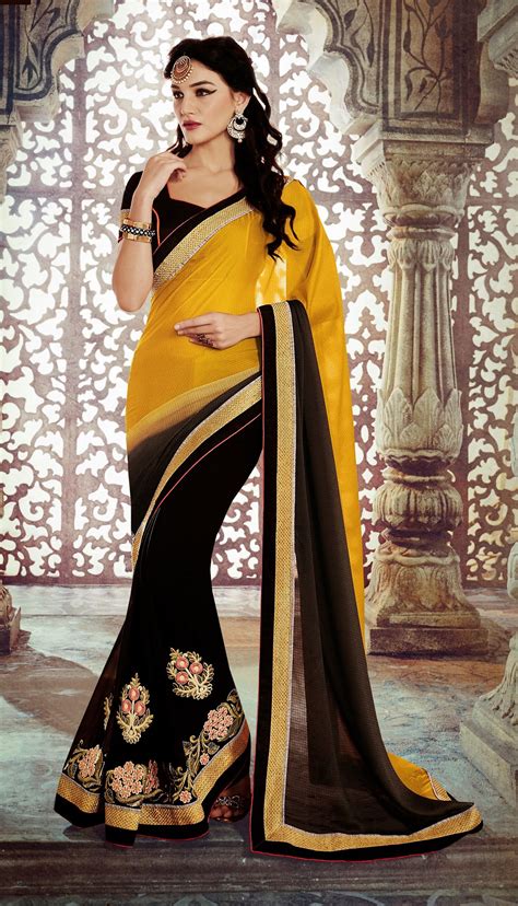 Party Wear Yellow Black Color Saree