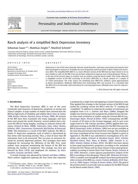 Pdf Rasch Analysis Of A Simplified Beck Depression Inventory