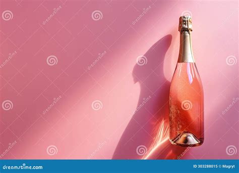 Pink Champagne Bottle On Pastel Background Party Background With Sparkling Wine Bubbling Rose