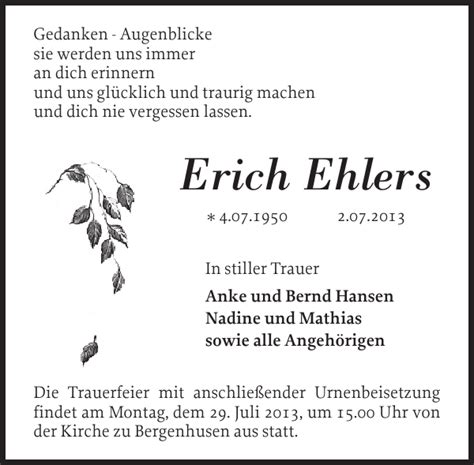 Erich Ehlers Traueranzeige Schleswiger Nachrichten