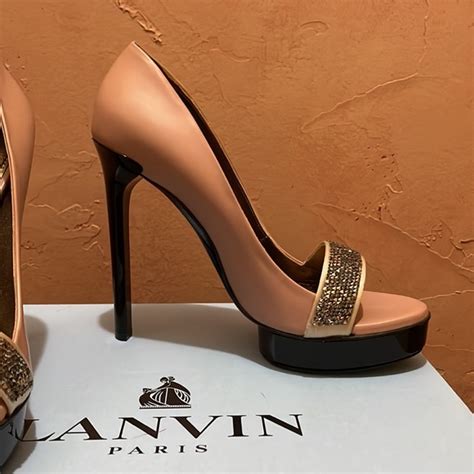 Lanvin Shoes Lanvin Paris Open Toe Platform Heel Sandals Nude And Black With Studded Vamp