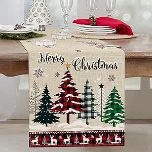 Amazon Bonhause Buffalo Plaid Merry Christmas Trees Table Runner