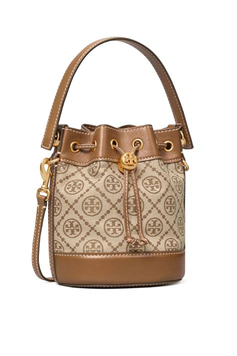 Tory Burch 87961 T Monogram Jacquard Mini Bucket Bag Hazelnut Brown Shopperboard