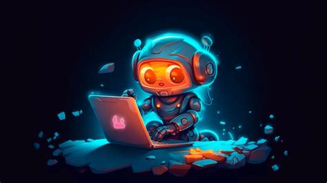 Premium AI Image Cute Robot Working With Laptop And Speech Bubble In