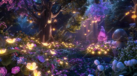 Premium Photo | Mystical Glowing Forest Glowing flowers and mushrooms ...