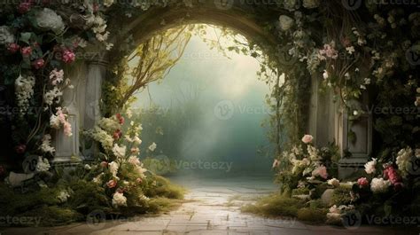 An enchanting garden entrance framed by a textured floral arch, with a ...