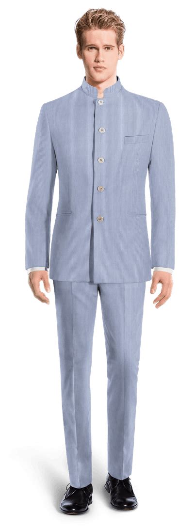 Traje Hombre cuello mao ligero azul desvaído de seersucker