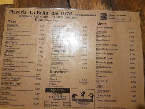 Menu Da Pizzeria La Baita Sicignano Degli Alburni