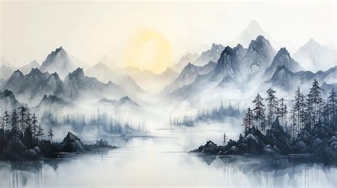 traditional chinese ink landscape painting  silk mountains  rivers