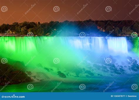 The Niagara Falls at Night Was Illuminated by the Lights. Stock Image ...